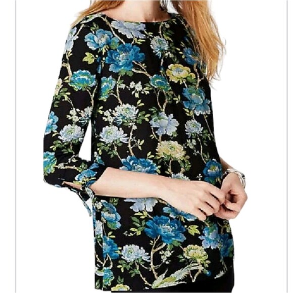 J. Jill Floral Blouse Tie Sleeve Textured Rayon Top Black Blue Career Work Large - Picture 1 of 12